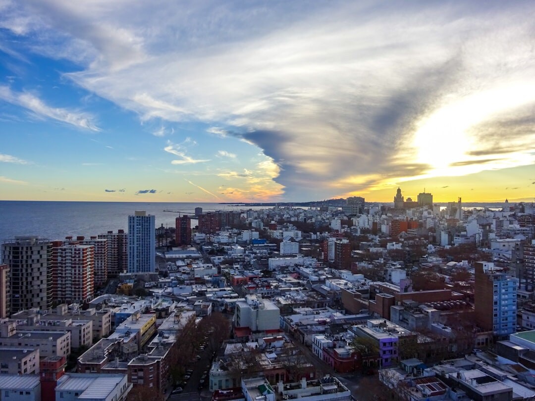 Montevideo coastal skyline at sunset
