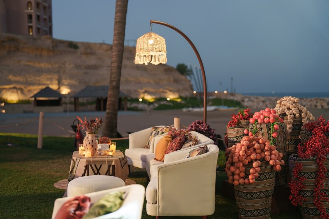 Elegant outdoor gala party at dusk near the coast